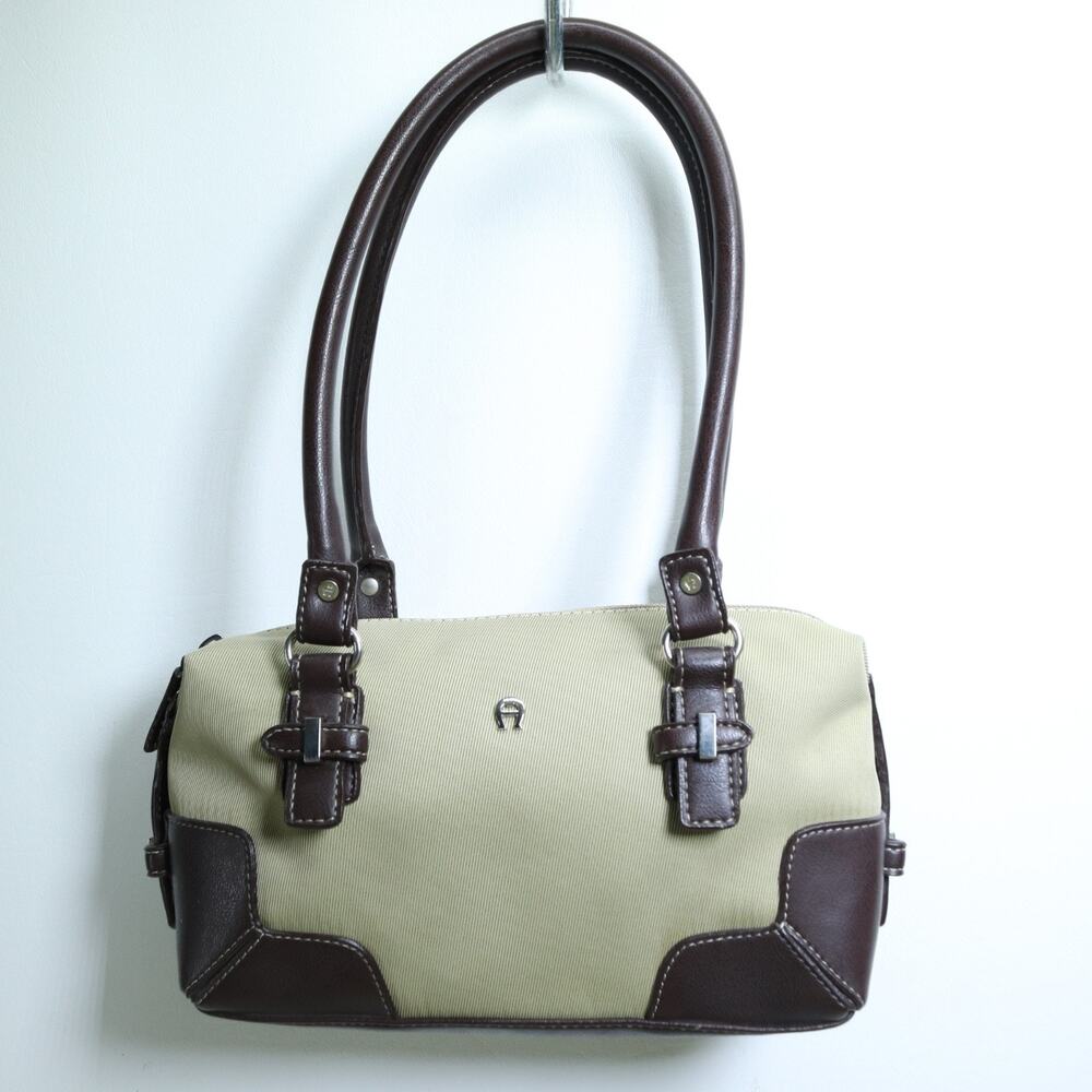 Etienne Aigner Satchel Handbag S Sage Nylon Faux Brown Leather Trim Lined Pocket